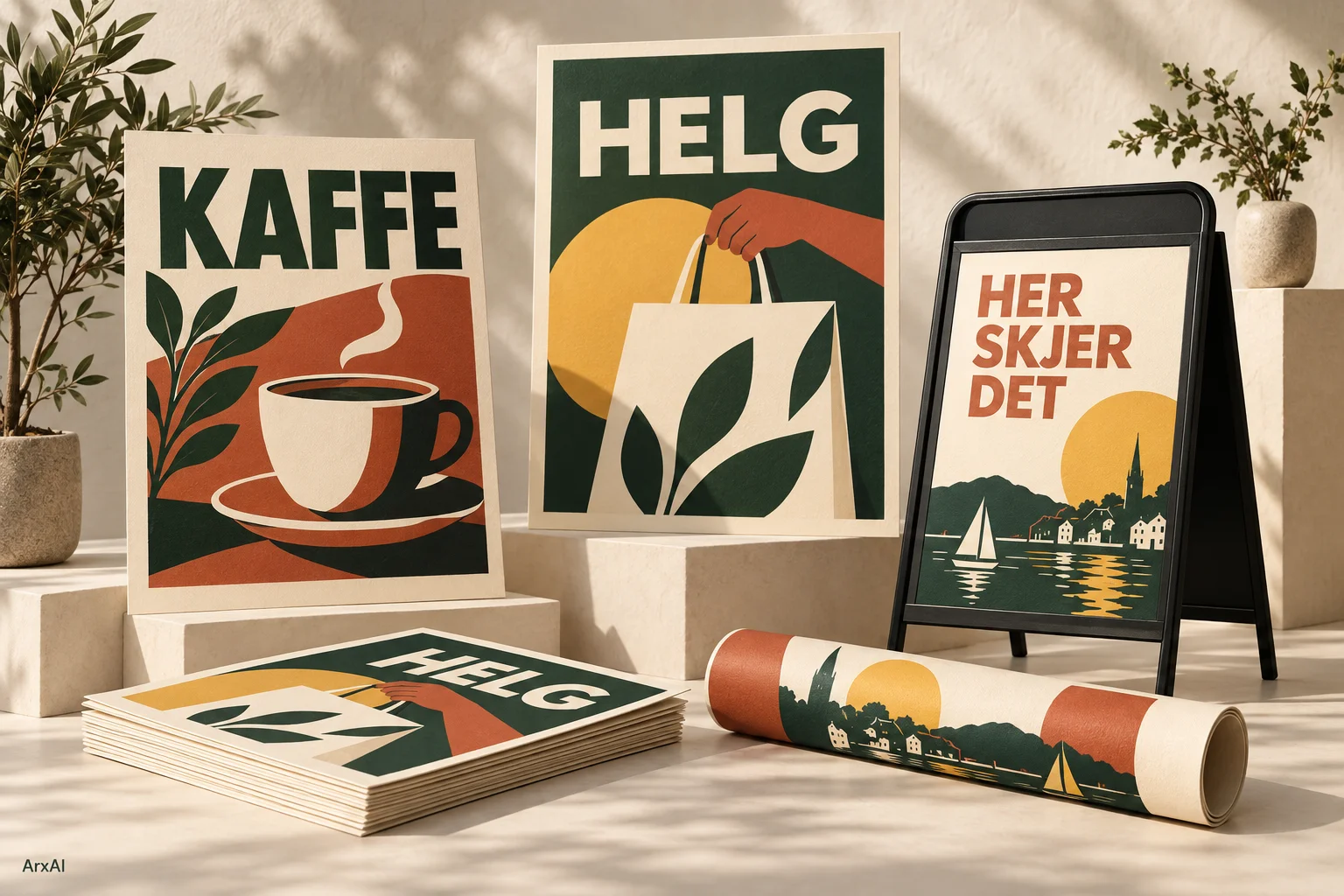 Kaféplakat, kampanjeplakat og gatebukk med arrangementsmotiv.