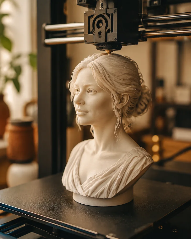 AI-illustrasjon av en personlig portrettbyste som lages på en 3D-printer.