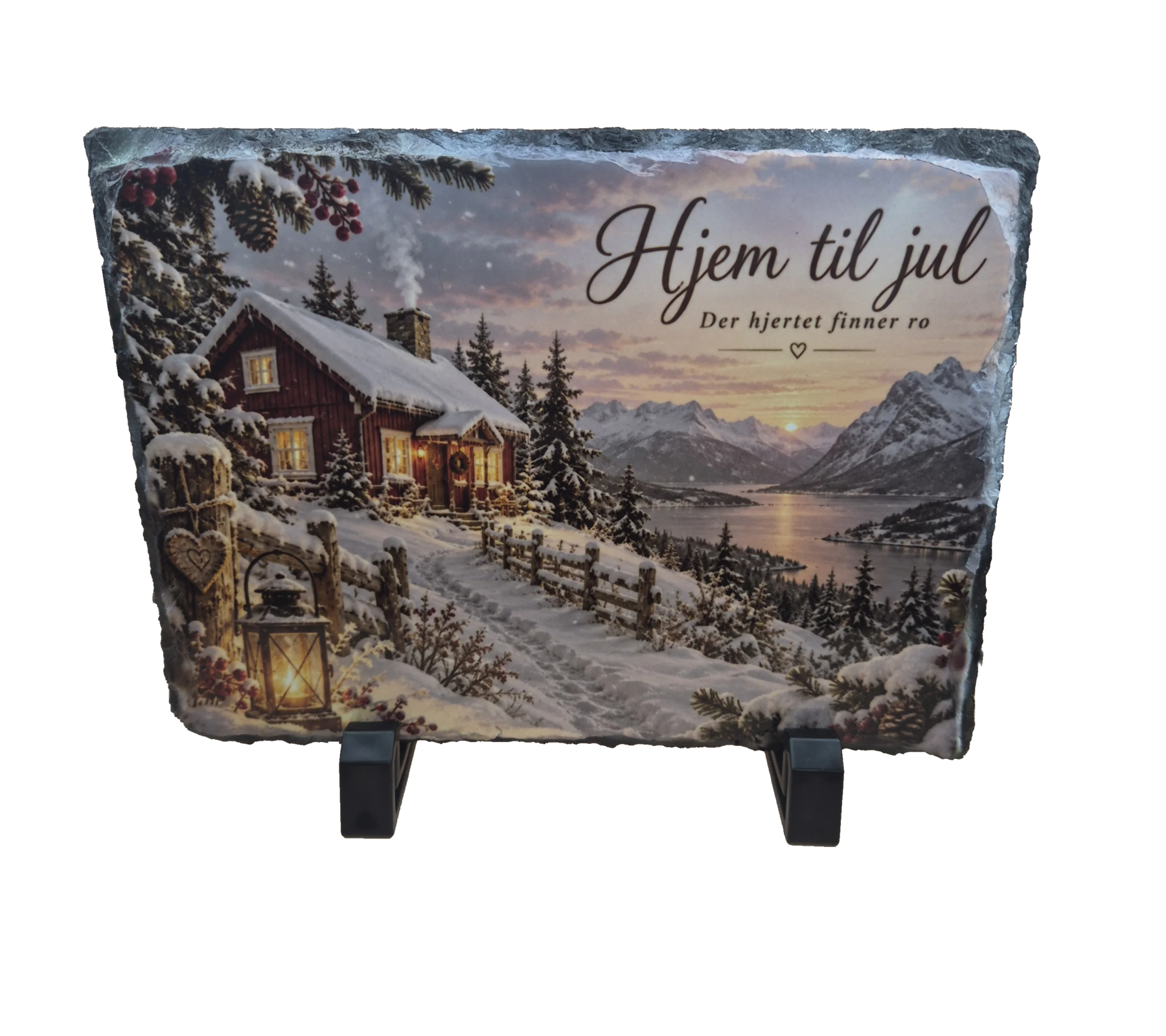 Hjem til jul – skiferplate med julemotiv 20 × 15 cm — 1 skiferplate