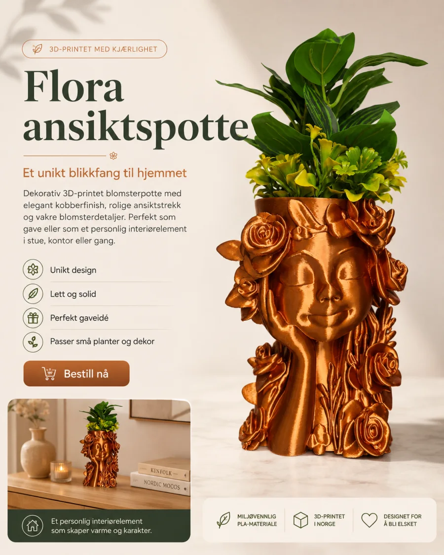 Flora – dekorativ 3D-printet ansiktspotte i kobber