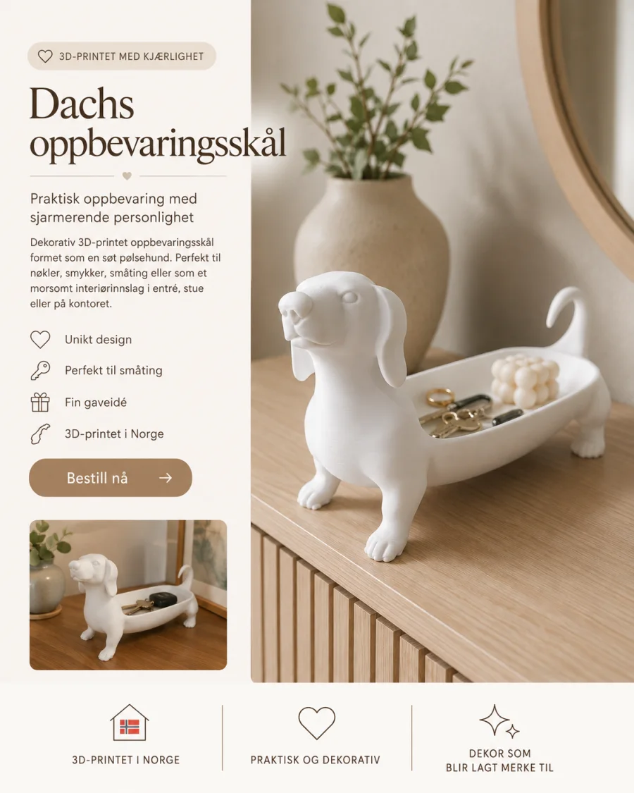 Hvit 3D-printet dachshund pølsehund med lang kropp utformet som oppbevaringsskål for nøkler, smykker og småting.