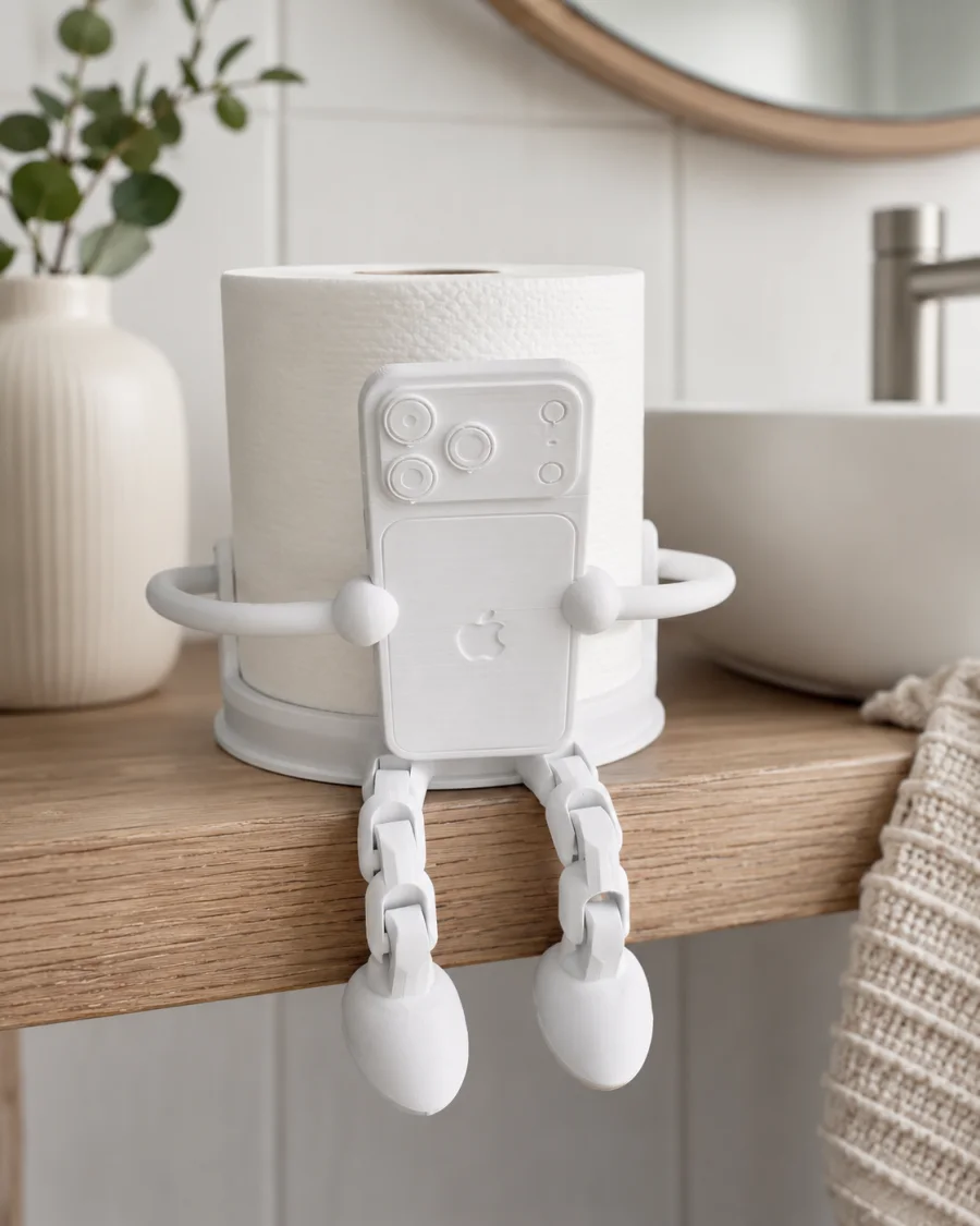 Hvit 3D-printet toalettpapirholder formet som en liten robot med mobilinspirert front, armer rundt dorullen og dinglende ben, plassert på en trehylle på badet.