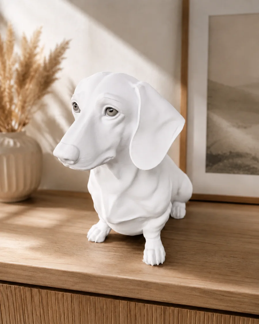 Hvit 3D-printet dachshundfigur med lange hengende ører, korte bein og store uttrykksfulle fargelagte øyne, fotografert i et lyst nordisk interiør.