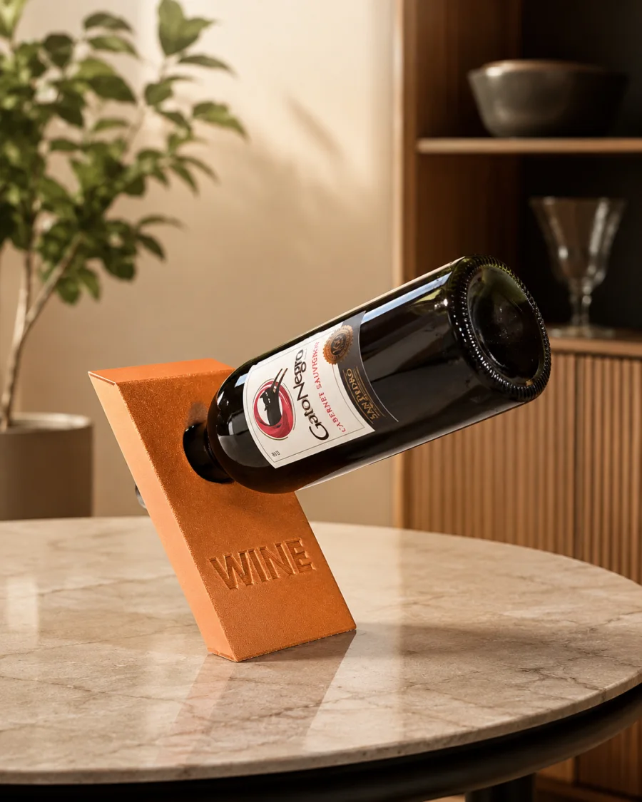 Kobberfarget 3D-printet vinholder med teksten WINE som holder en mørk vinflaske på skrå og skaper en svevende balanseeffekt.