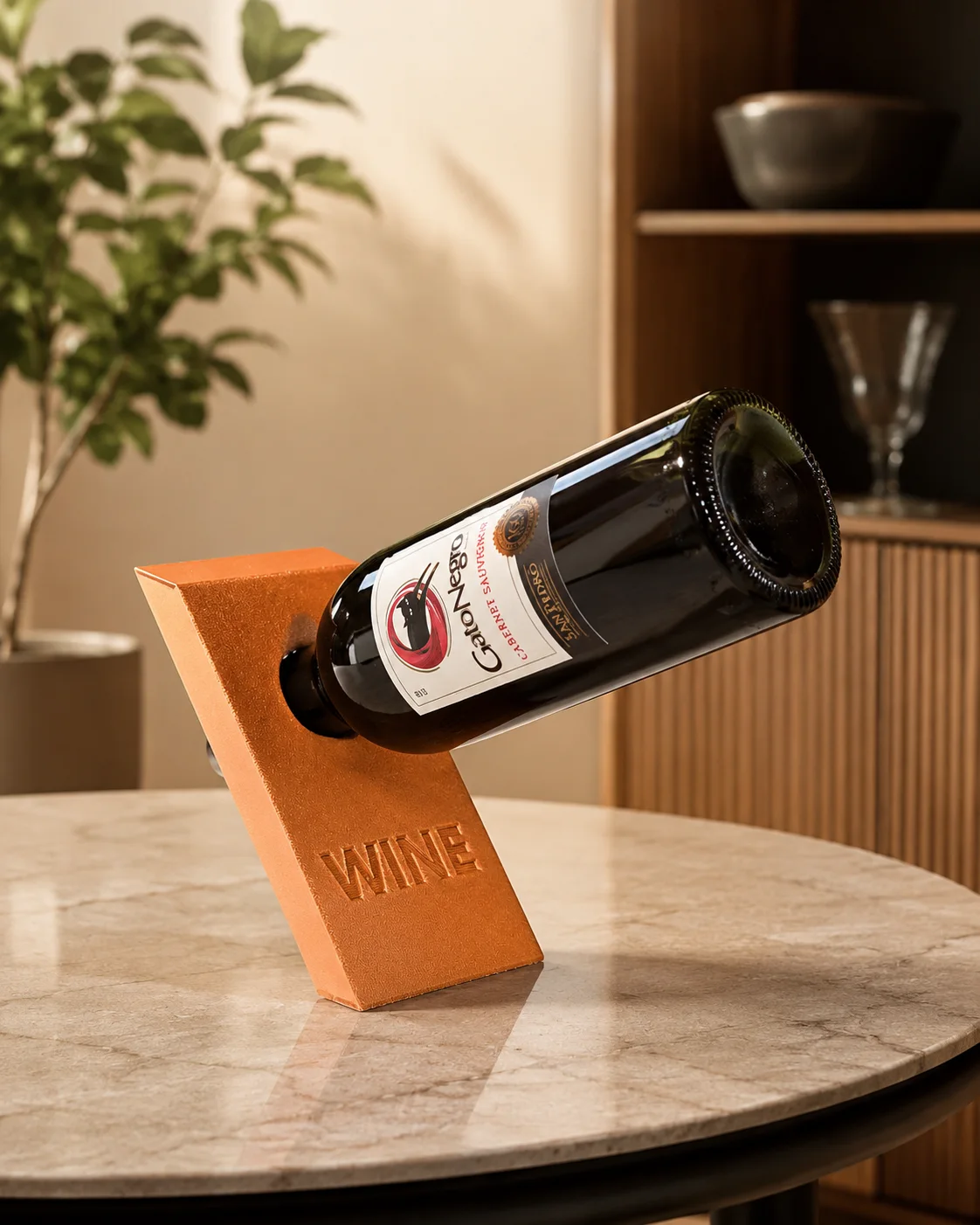 Kobberfarget 3D-printet vinholder med teksten WINE som holder en mørk vinflaske på skrå og skaper en svevende balanseeffekt.
