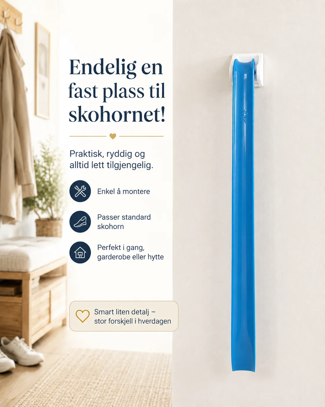 Hvit 3D-printet veggholder for langt skohorn, montert på lys vegg med et blått skohorn hengende vertikalt i holderen.
