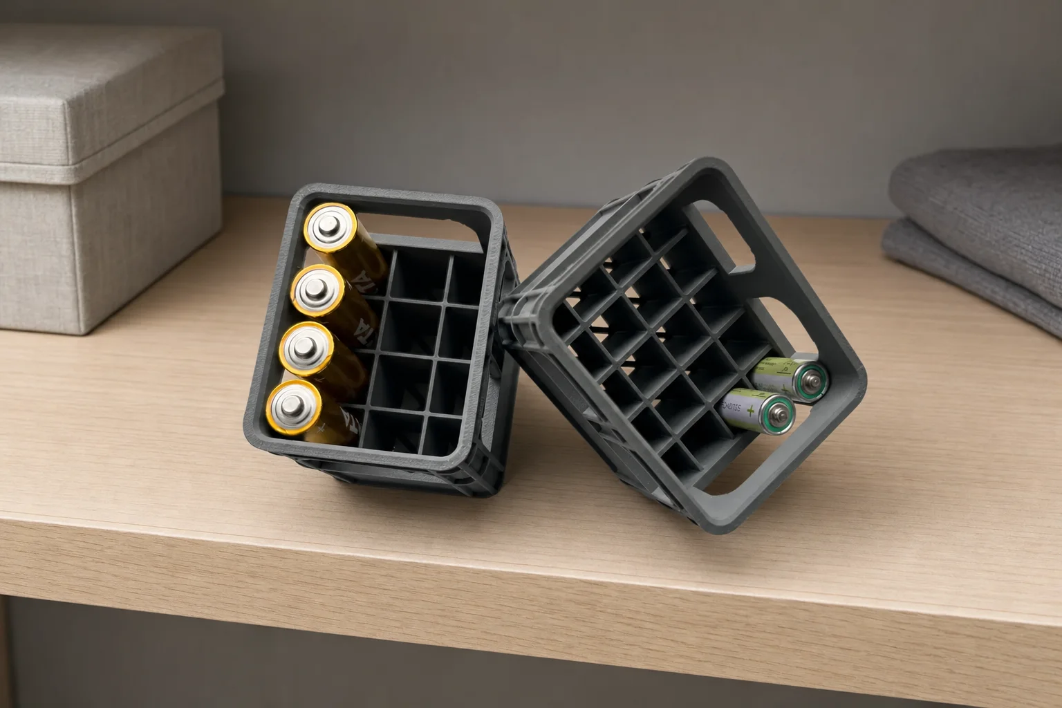 Mørkegrå, stabelbare batteriholdere formet som små bruskasser, med åpent rutemønster og flere batterier plassert i rommene.
