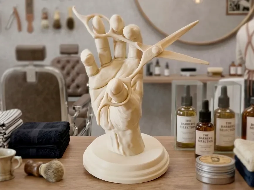 Dekorativ skulptur av en oppreist hånd med markante sakseelementer og rund, trinnformet sokkel, fotografert i et klassisk frisørmiljø.