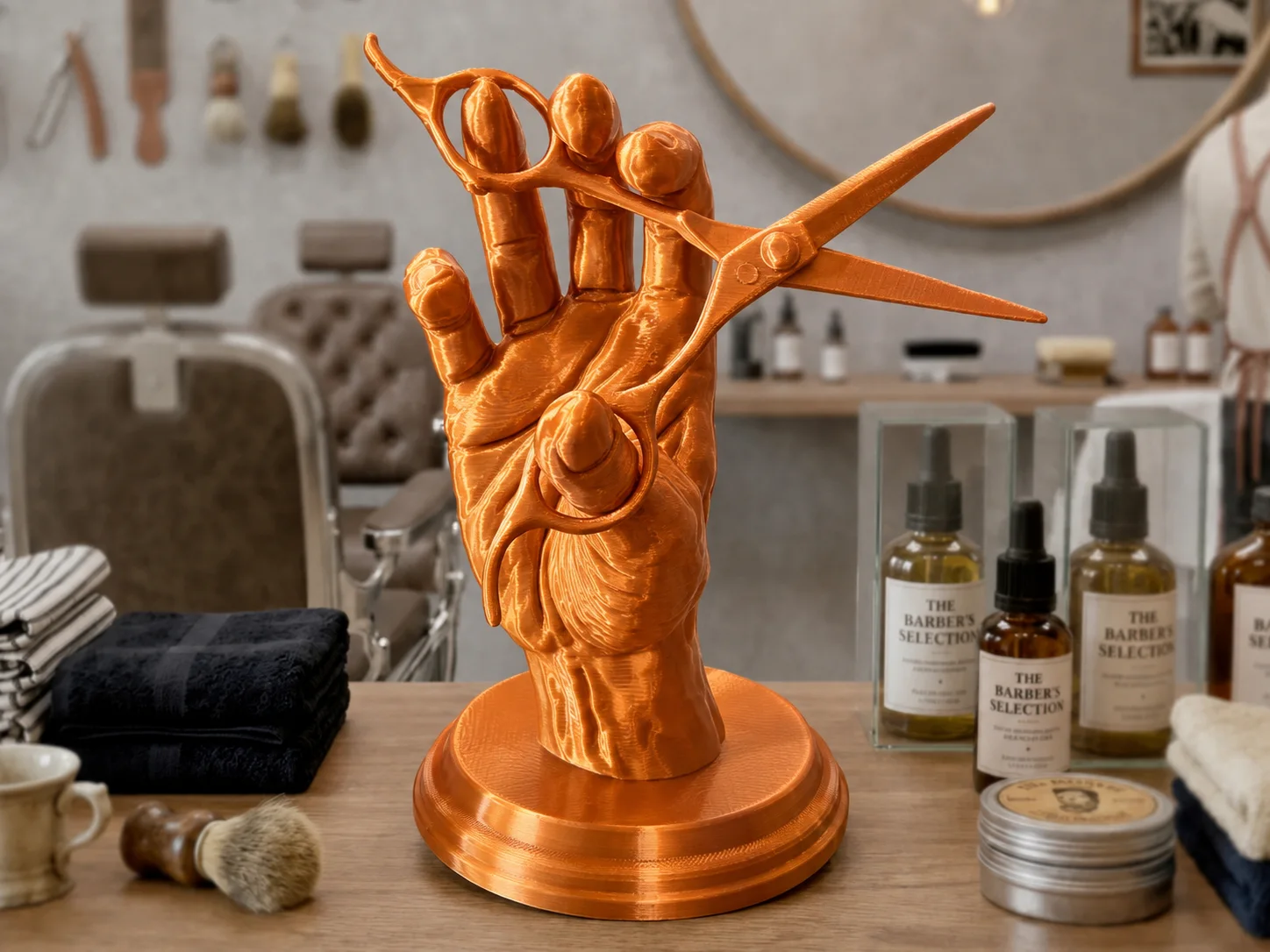 Kobberfarget 3D-printet frisørskulptur av en hånd som holder en saks, i blank eSun Copper Silk-finish.