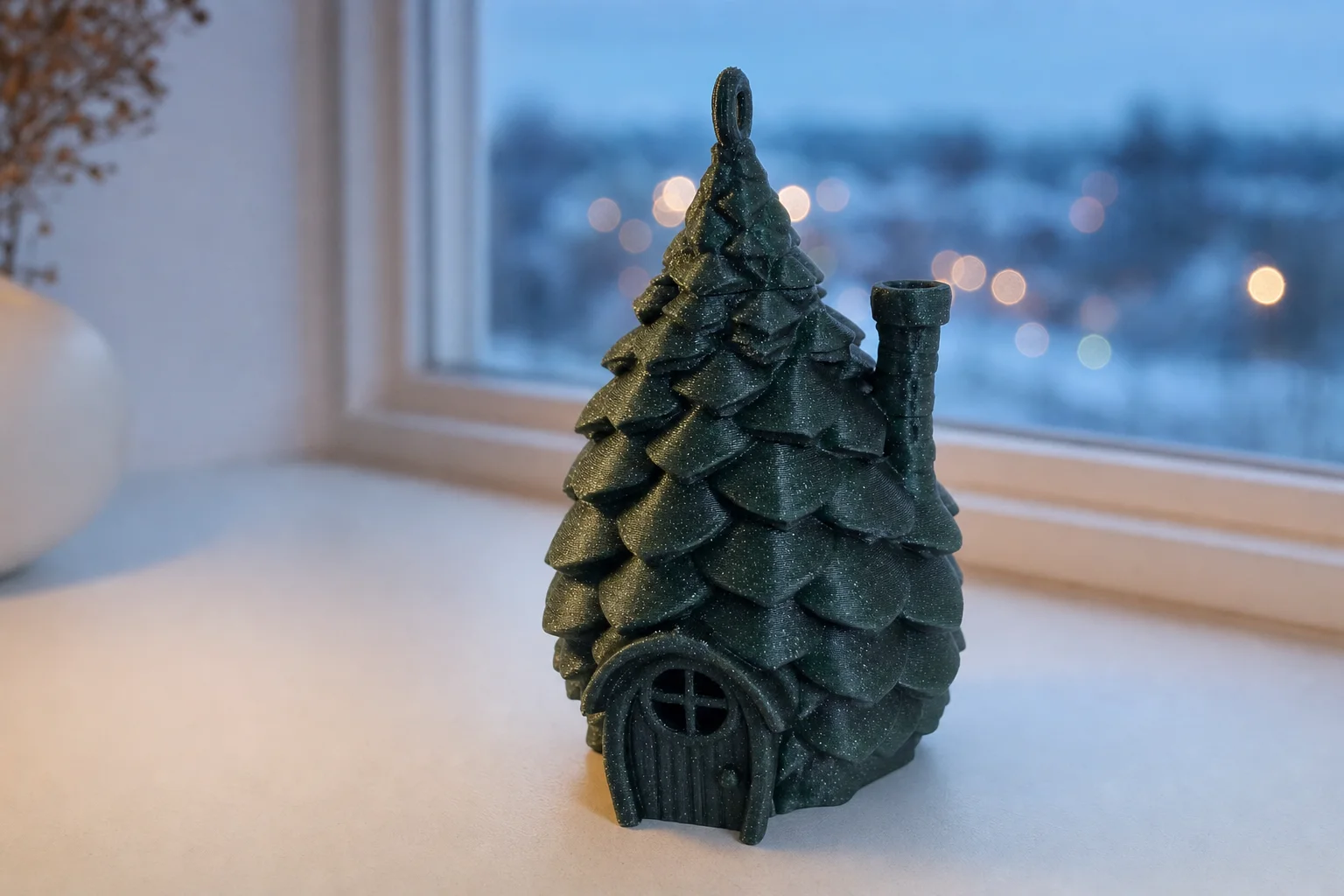 Mørkegrønn liten julehytte med lagdelt grantretak, skorstein, dør, vindu og opphengsløkke, fotografert på lyst stoff.