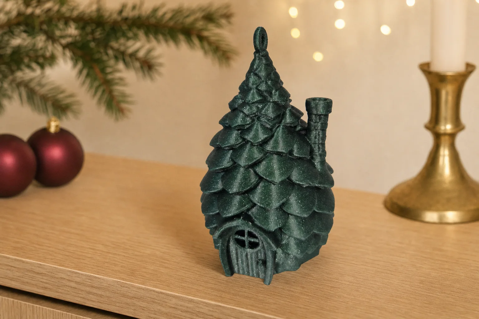 Mørkegrønn liten julehytte med lagdelt grantretak, skorstein, dør, vindu og opphengsløkke, fotografert på lyst stoff.