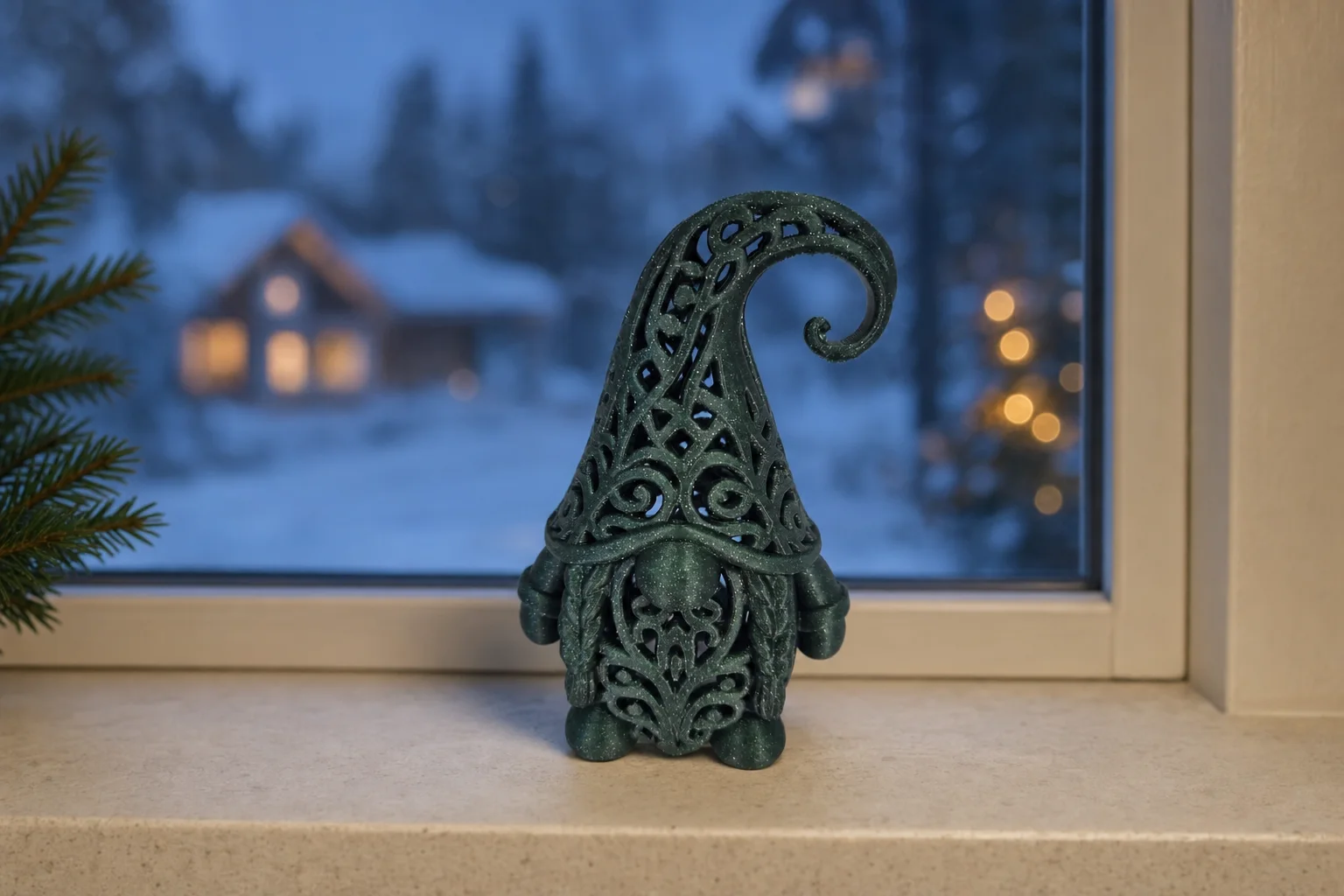 Mørkegrønn glitrende julefigur formet som en nisse med åpent ornamentmønster, rund nese, skjegg og høy spiralformet lue.