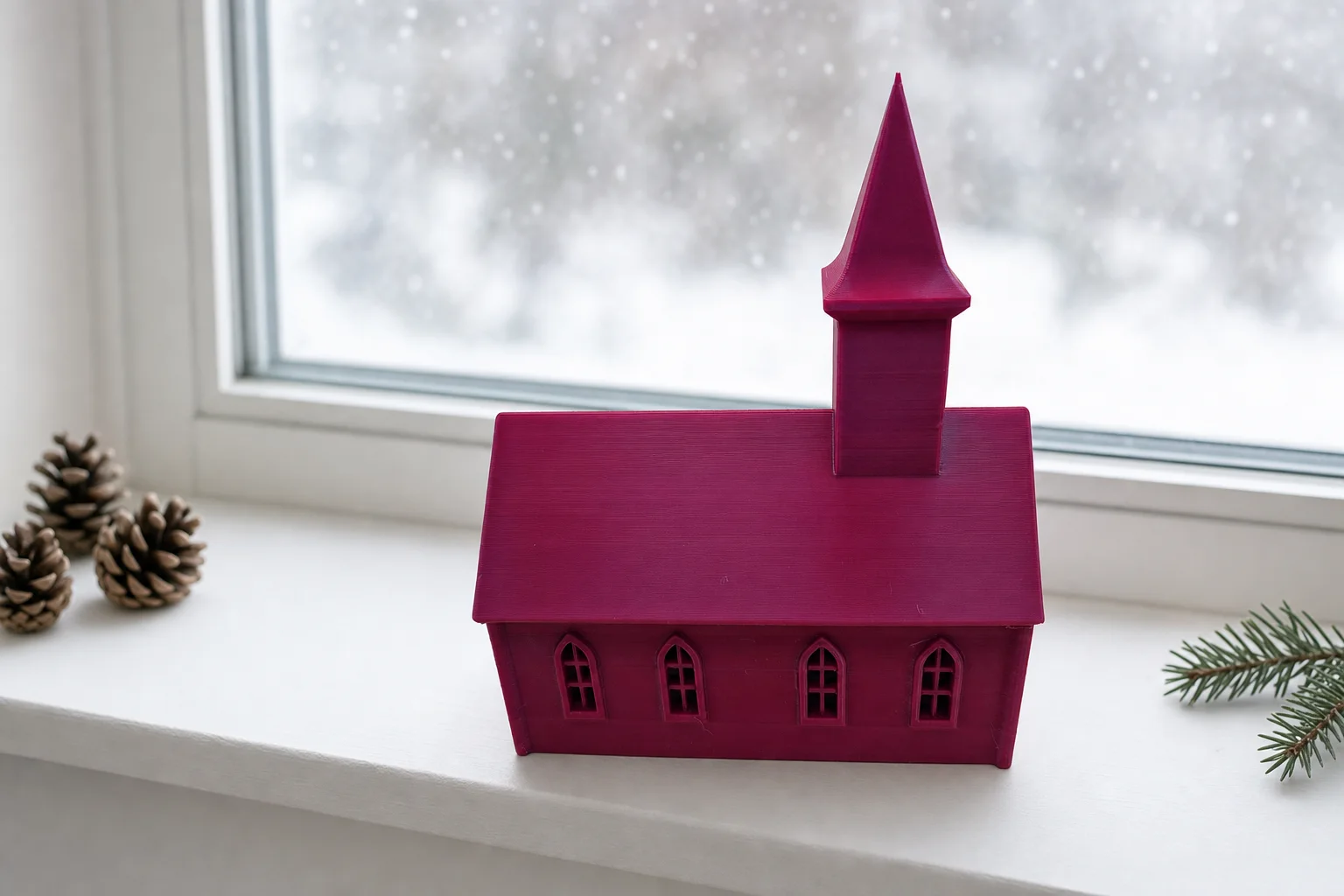 Rød dekorativ kirke med saltak, fire spissbuede vinduer og høyt tårn med spisst spir.
