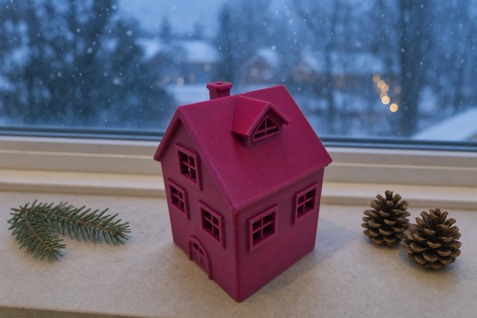 Magentafarget dekorhus til juleby med bratt tak, takvindu, skorstein og åpne vinduer med sprosser.