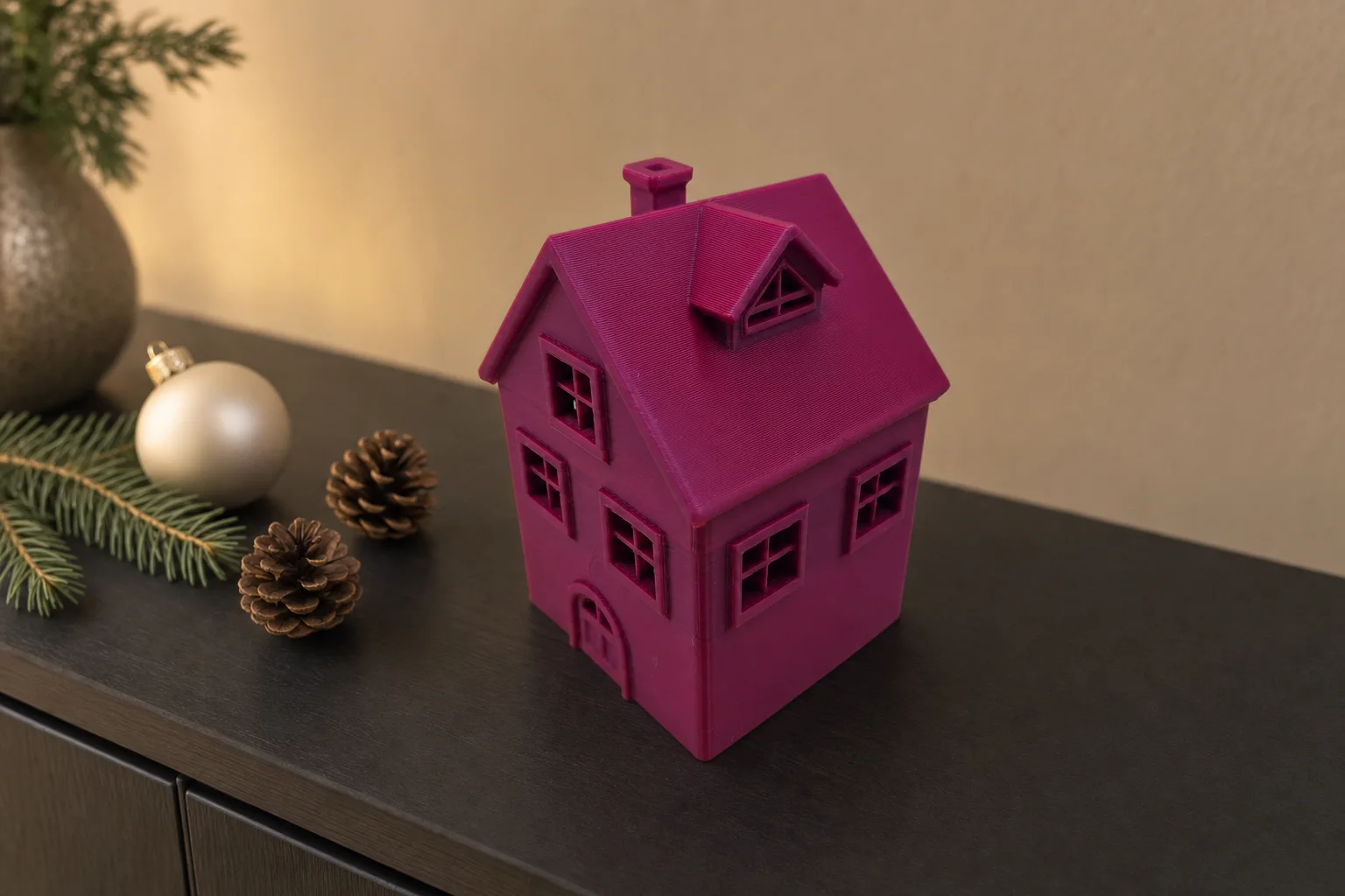 Magentafarget dekorhus til juleby med bratt tak, takvindu, skorstein og åpne vinduer med sprosser.
