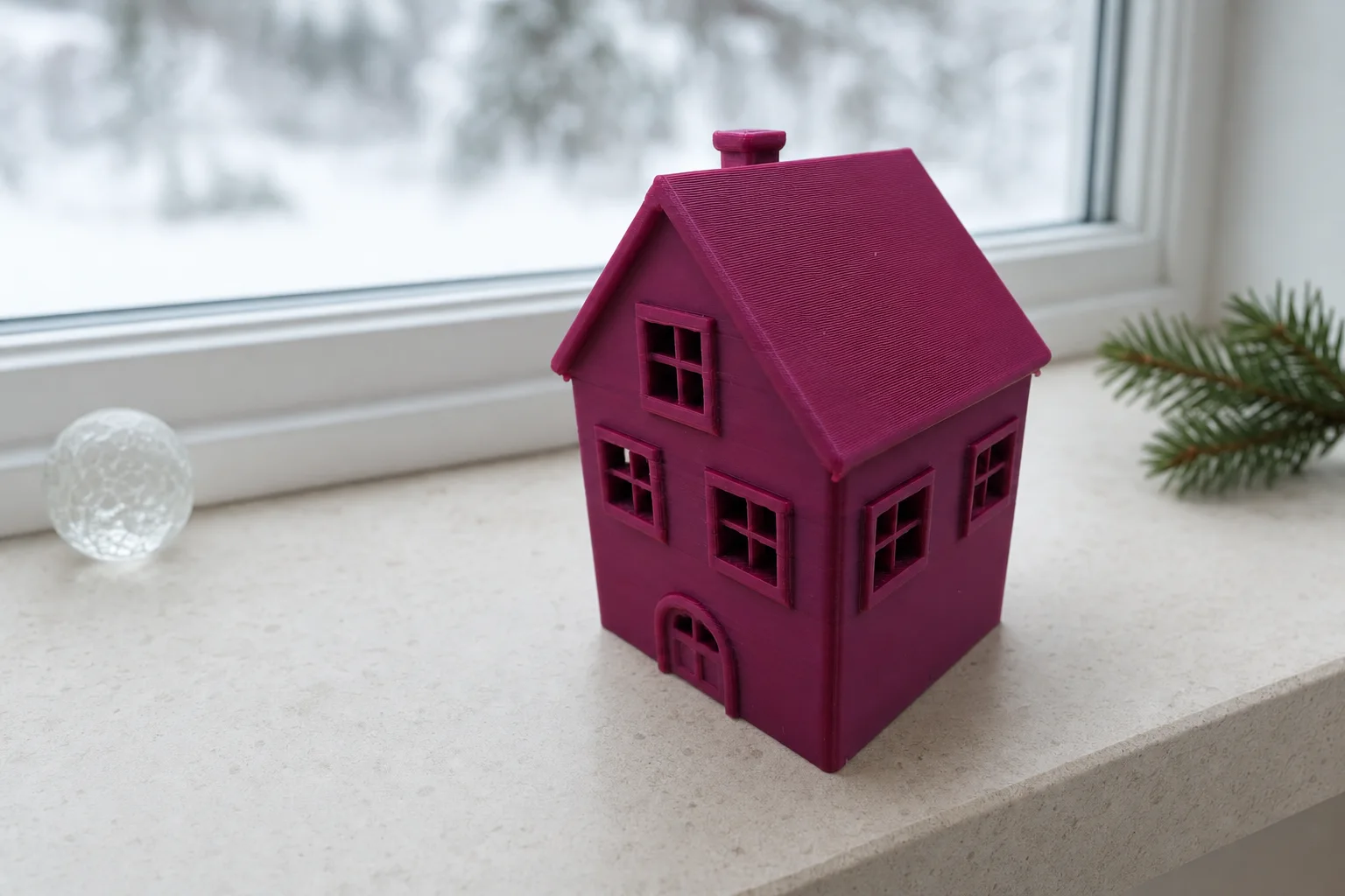 Lite magentafarget julebyhus med saltak, pipe, avrundet dørdetalj og åpne vinduer med sprosser.