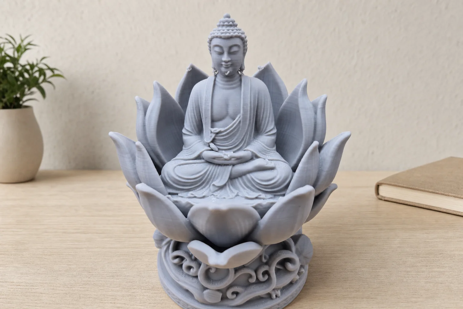 Lys grå Buddhafigur i meditativ sittestilling, omgitt av lotusblader og plassert på en ornamentert rund sokkel mot varm bakgrunn.
