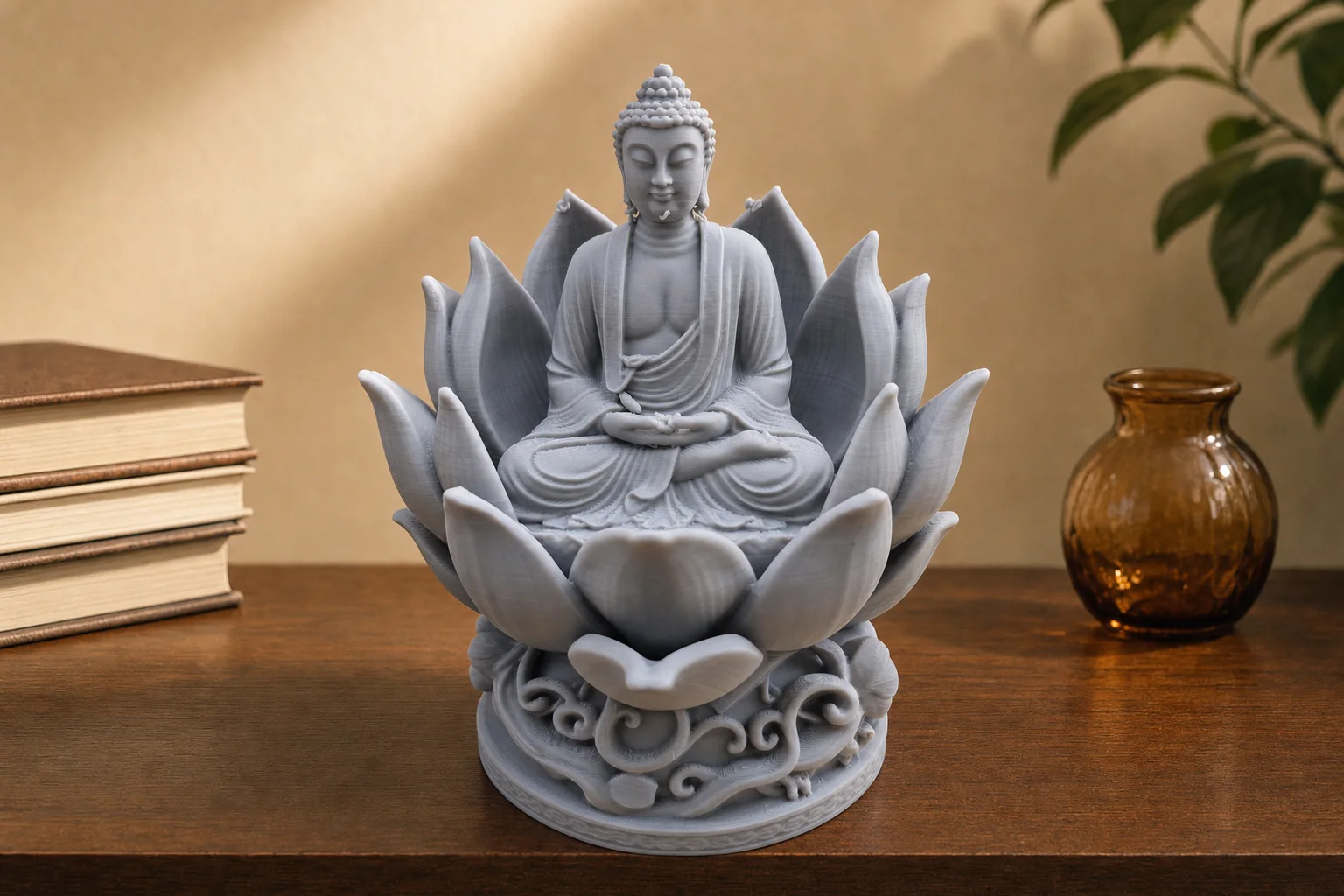 Lys grå Buddhafigur i meditativ sittestilling, omgitt av lotusblader og plassert på en ornamentert rund sokkel mot varm bakgrunn.