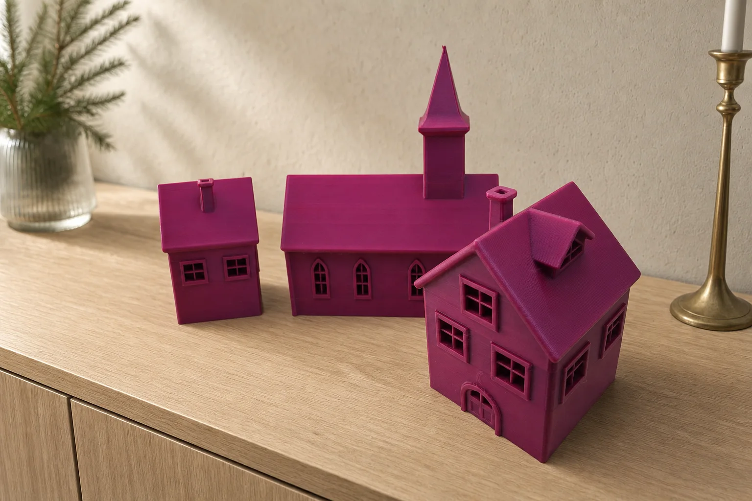 Tre rosa–magenta julebybygninger med en kirke og to ulike hus, fotografert på lys bakgrunn.