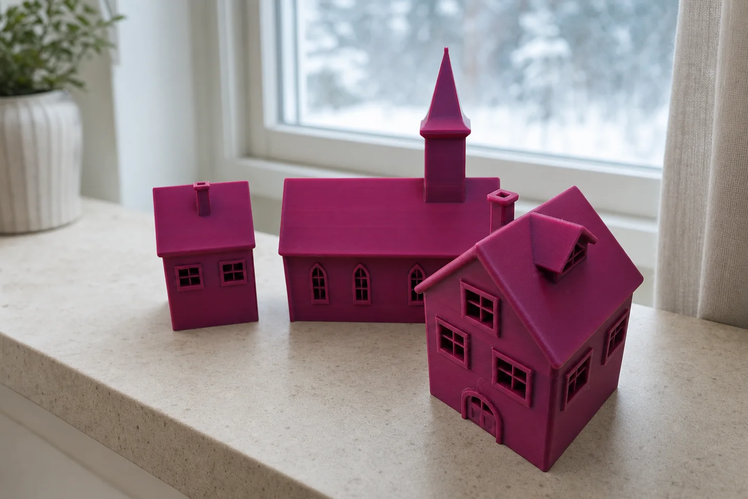 Tre rosa–magenta julebybygninger med en kirke og to ulike hus, fotografert på lys bakgrunn.
