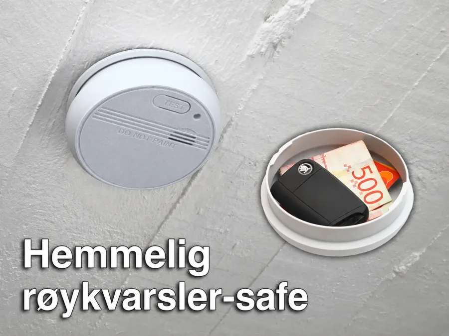Rund hvit og grå brannvarsler-safe vist lukket og åpen, med bilnøkkel og pengesedler i oppbevaringsrommet.