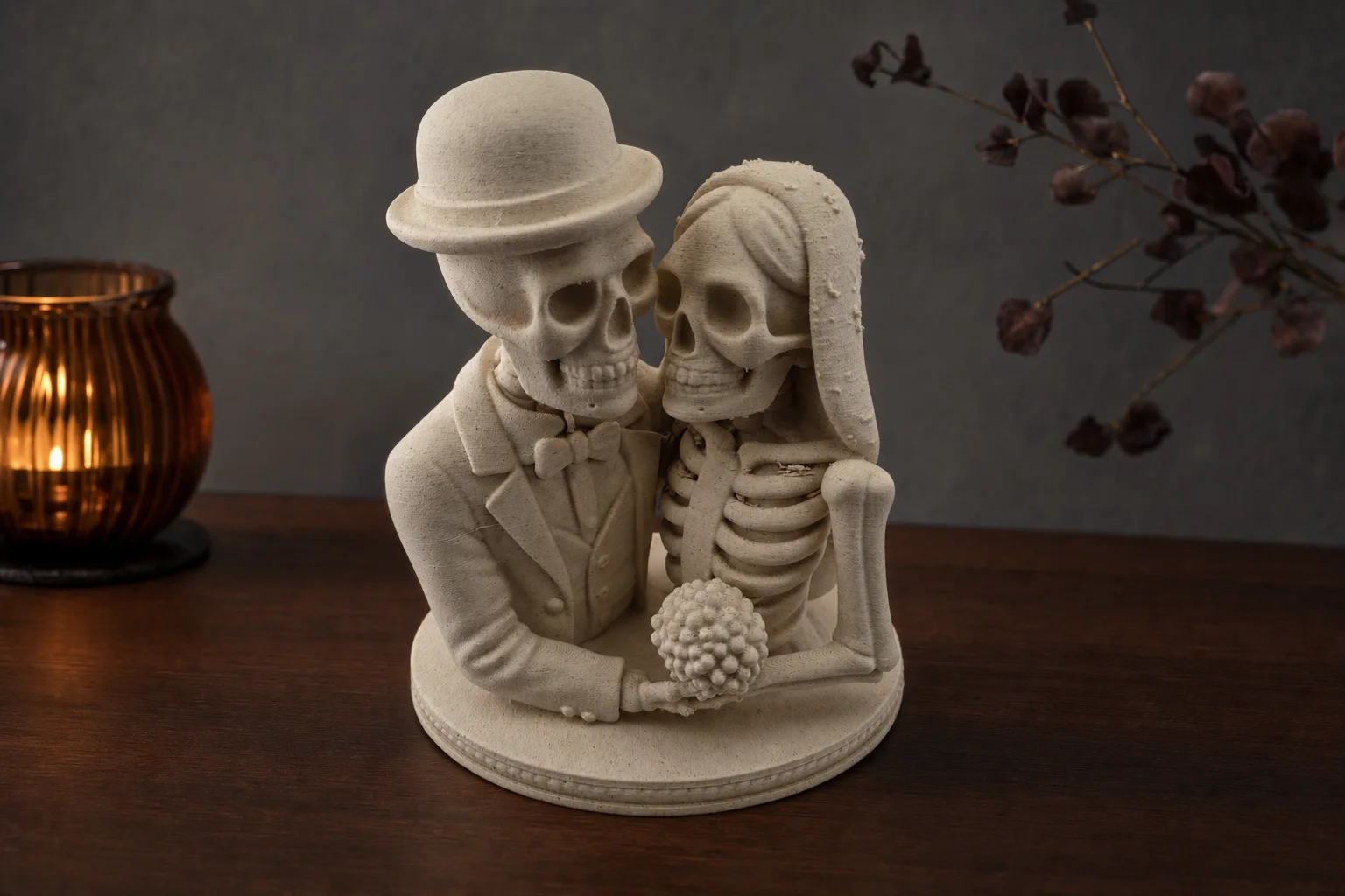 Lys beige Halloween-dekorasjon av et skjelettbrudepar med hatt, slør og bukett på rund sokkel.