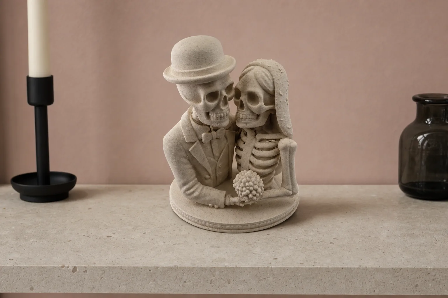 Lys beige Halloween-dekorasjon av et skjelettbrudepar med hatt, slør og bukett på rund sokkel.