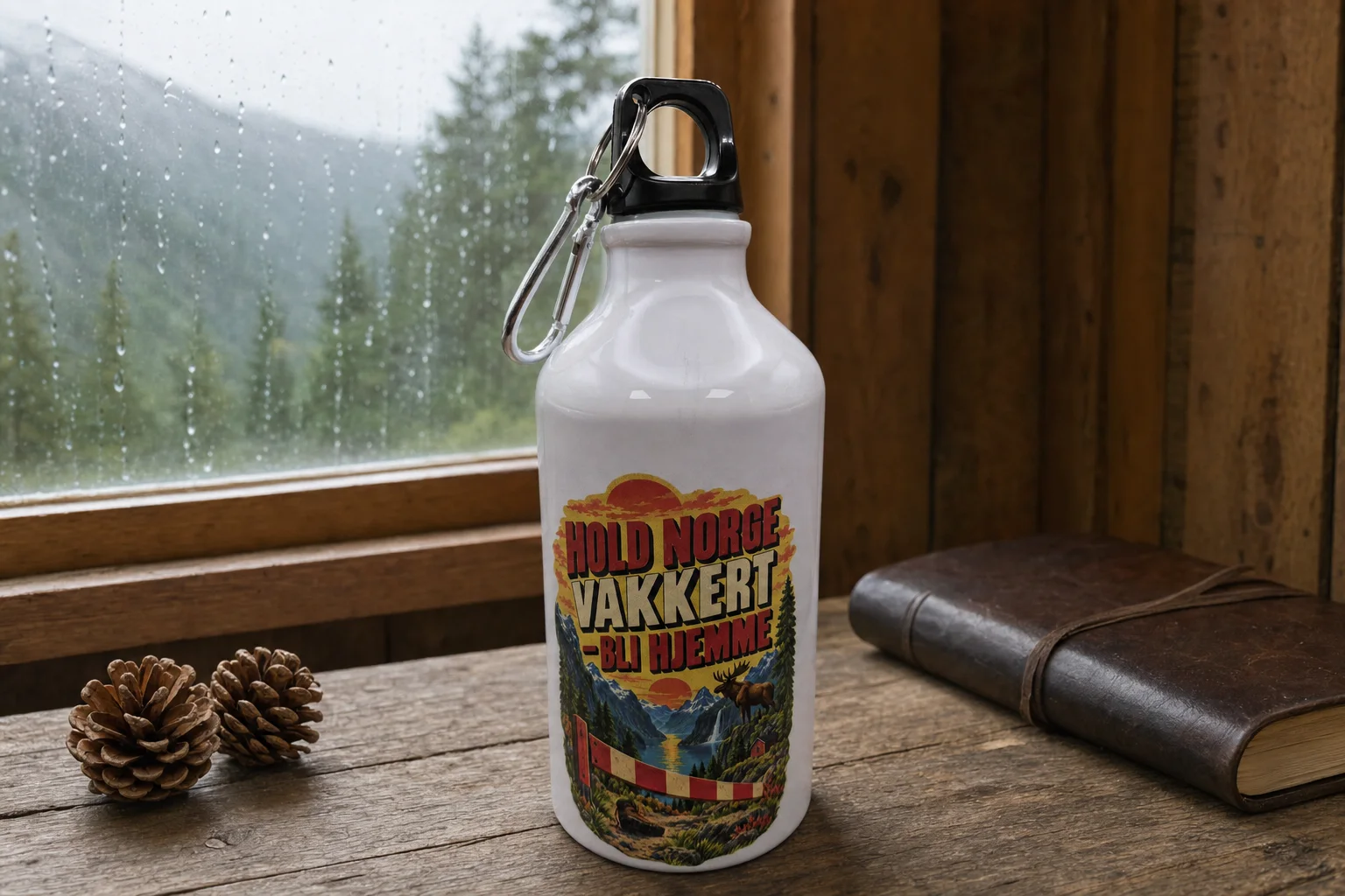 Hvit drikkeflaske med svart topp, bærehåndtak og metallfarget karabinkrok, dekorert med tekst og et fargerikt norsk naturmotiv med fjell, skog, vann, elg og veibom.