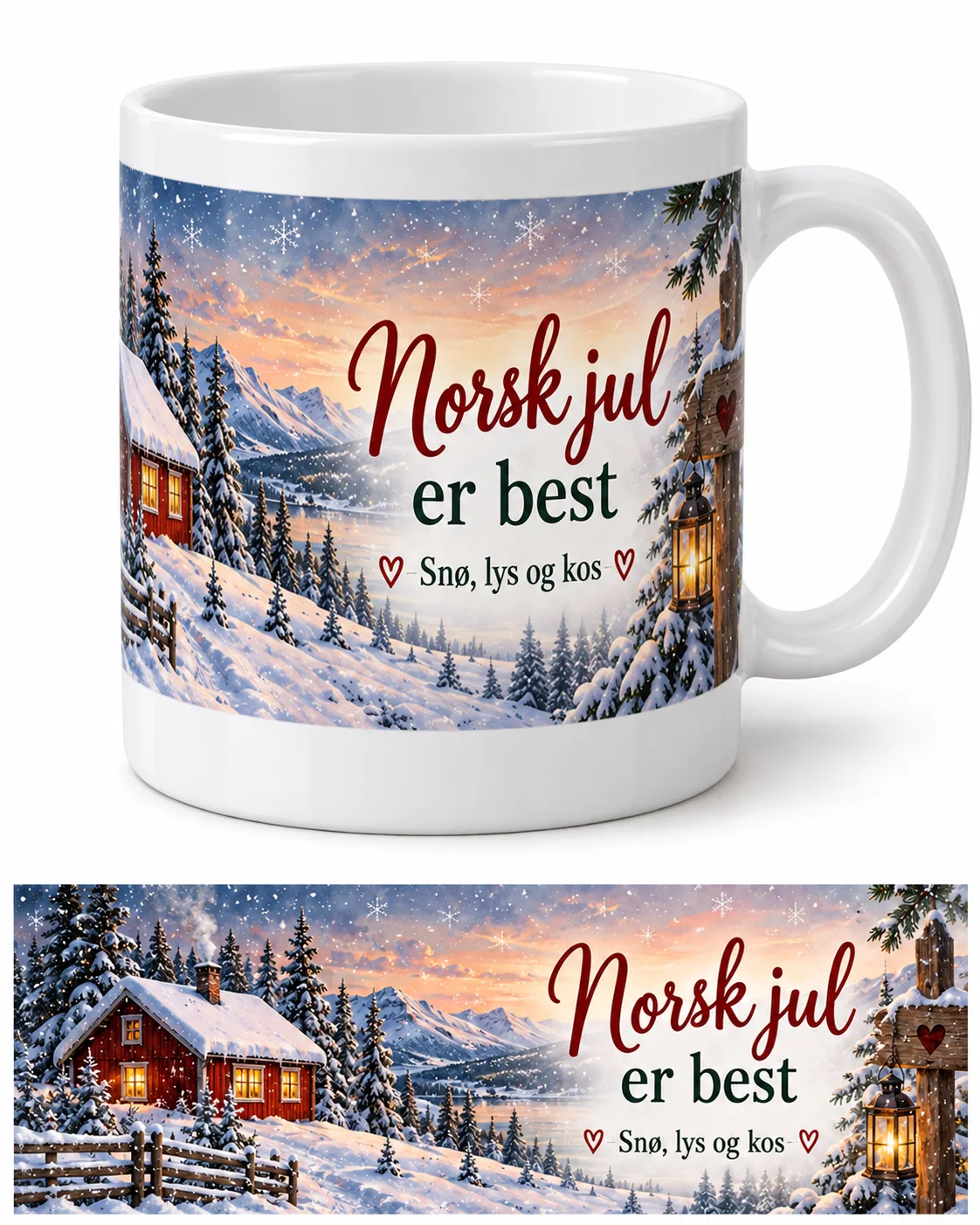 Originalbildet viser en hvit kopp med hank og et vintermotiv av en rød hytte, snødekte fjell, grantrær og lykt, samt teksten «Norsk jul er best – Snø, lys og kos». En flat referanse av motivet vises nederst i bildet.