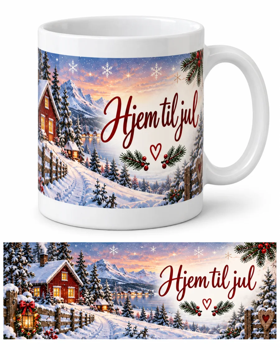 Originalfoto av en hvit kopp med hank, dekorert med et snødekt vinterlandskap og teksten «Hjem til jul» i rødt; en flat fremstilling av hele motivet vises under koppen.