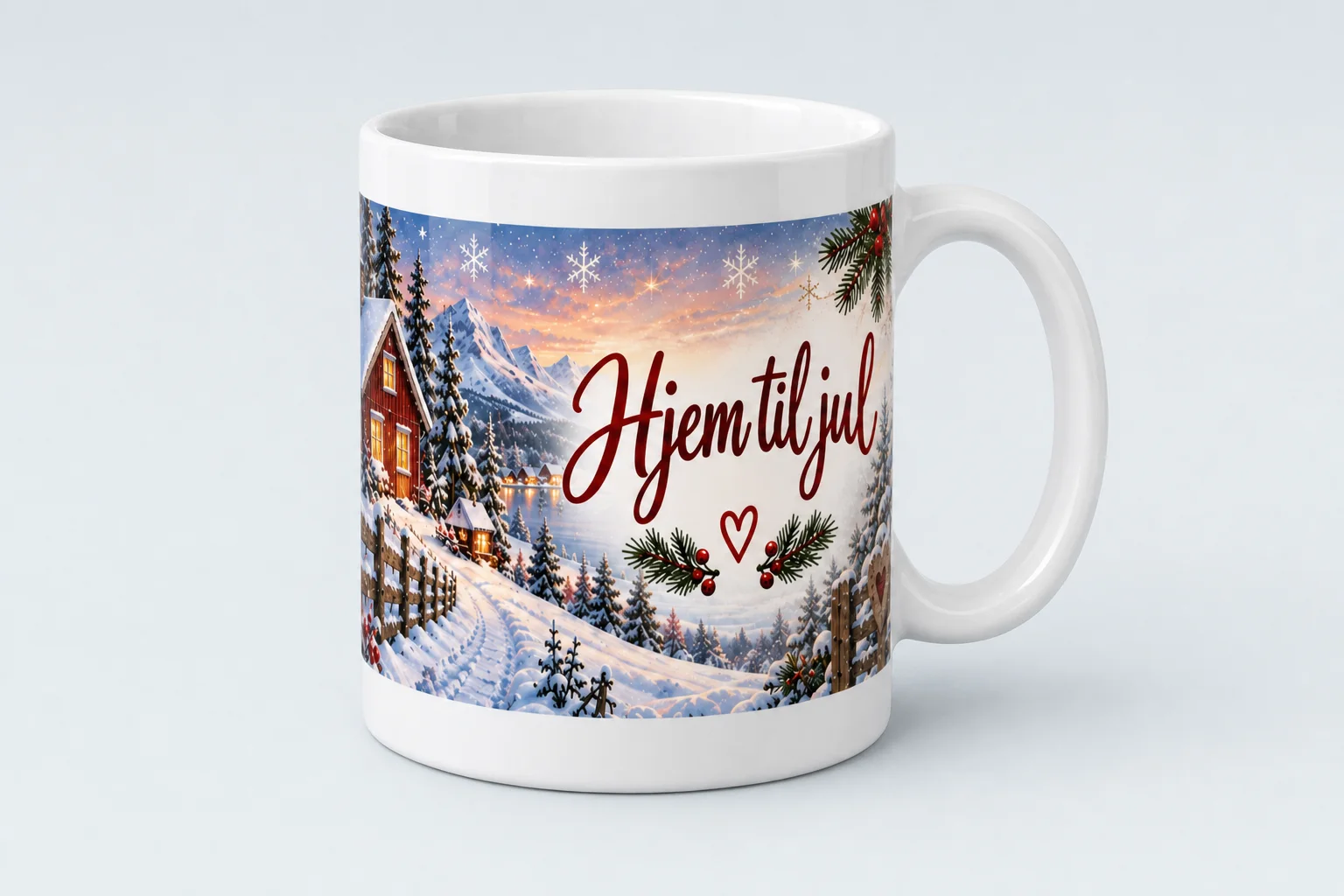 Originalfoto av en hvit kopp med hank, dekorert med et snødekt vinterlandskap og teksten «Hjem til jul» i rødt; en flat fremstilling av hele motivet vises under koppen.