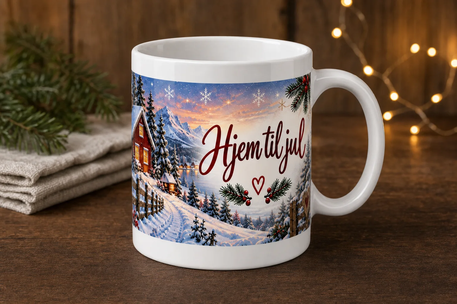 Originalfoto av en hvit kopp med hank, dekorert med et snødekt vinterlandskap og teksten «Hjem til jul» i rødt; en flat fremstilling av hele motivet vises under koppen.