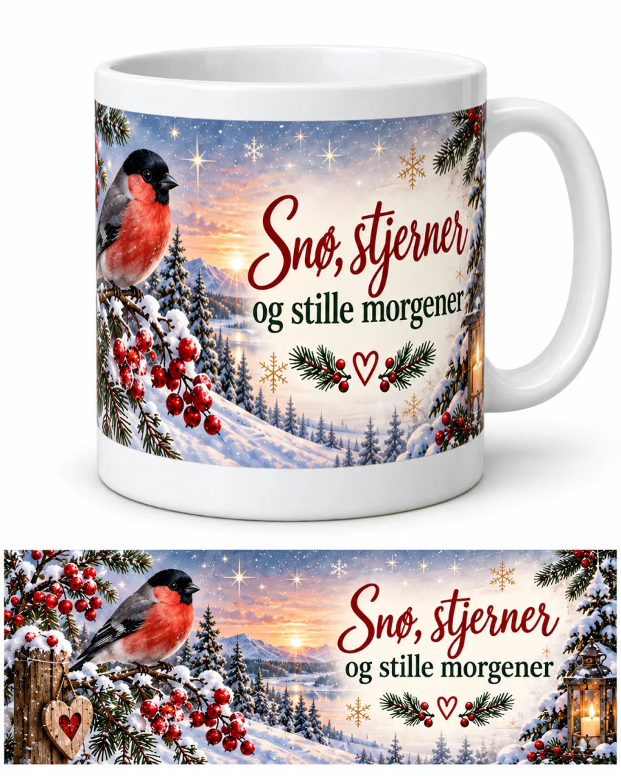 Hvitt krus med vintermotiv av dompap, snødekte grantrær, røde bær og soloppgang, samt teksten «Snø, stjerner og stille morgener». Under kruset vises motivet flatt.