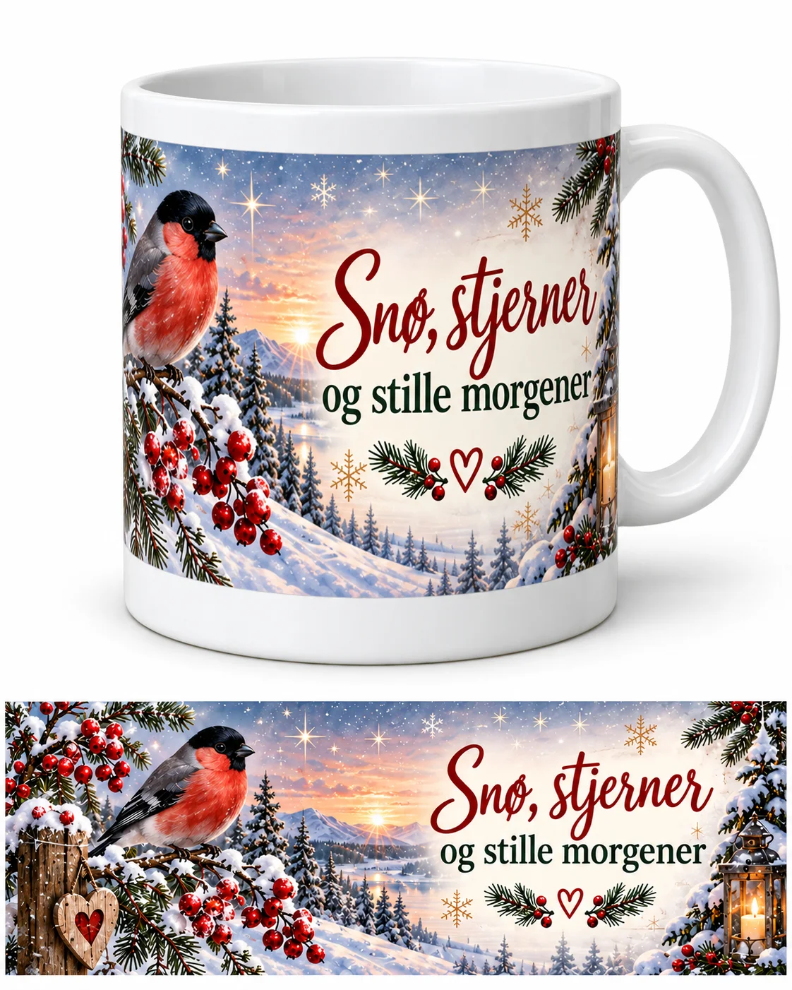 Hvitt krus med vintermotiv av dompap, snødekte grantrær, røde bær og soloppgang, samt teksten «Snø, stjerner og stille morgener». Under kruset vises motivet flatt.