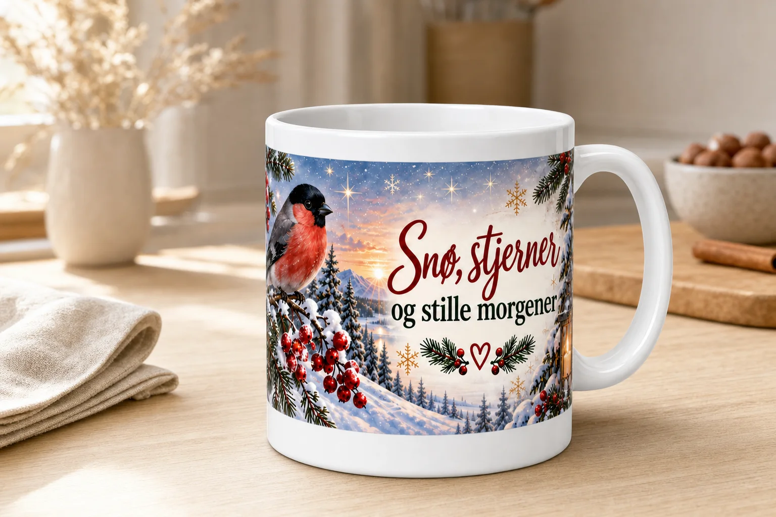 Hvitt krus med vintermotiv av dompap, snødekte grantrær, røde bær og soloppgang, samt teksten «Snø, stjerner og stille morgener». Under kruset vises motivet flatt.