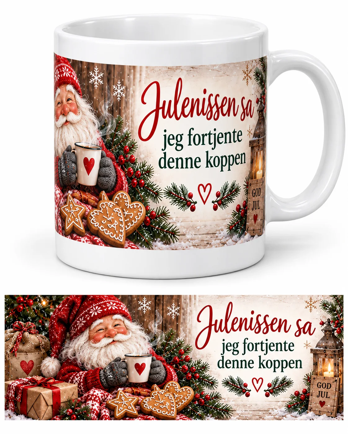 Originalbilde av en hvit kopp med hank og sublimert julemotiv av nisse, granbar, pepperkaker og teksten «Julenissen sa jeg fortjente denne koppen», med en flat motivoversikt under.