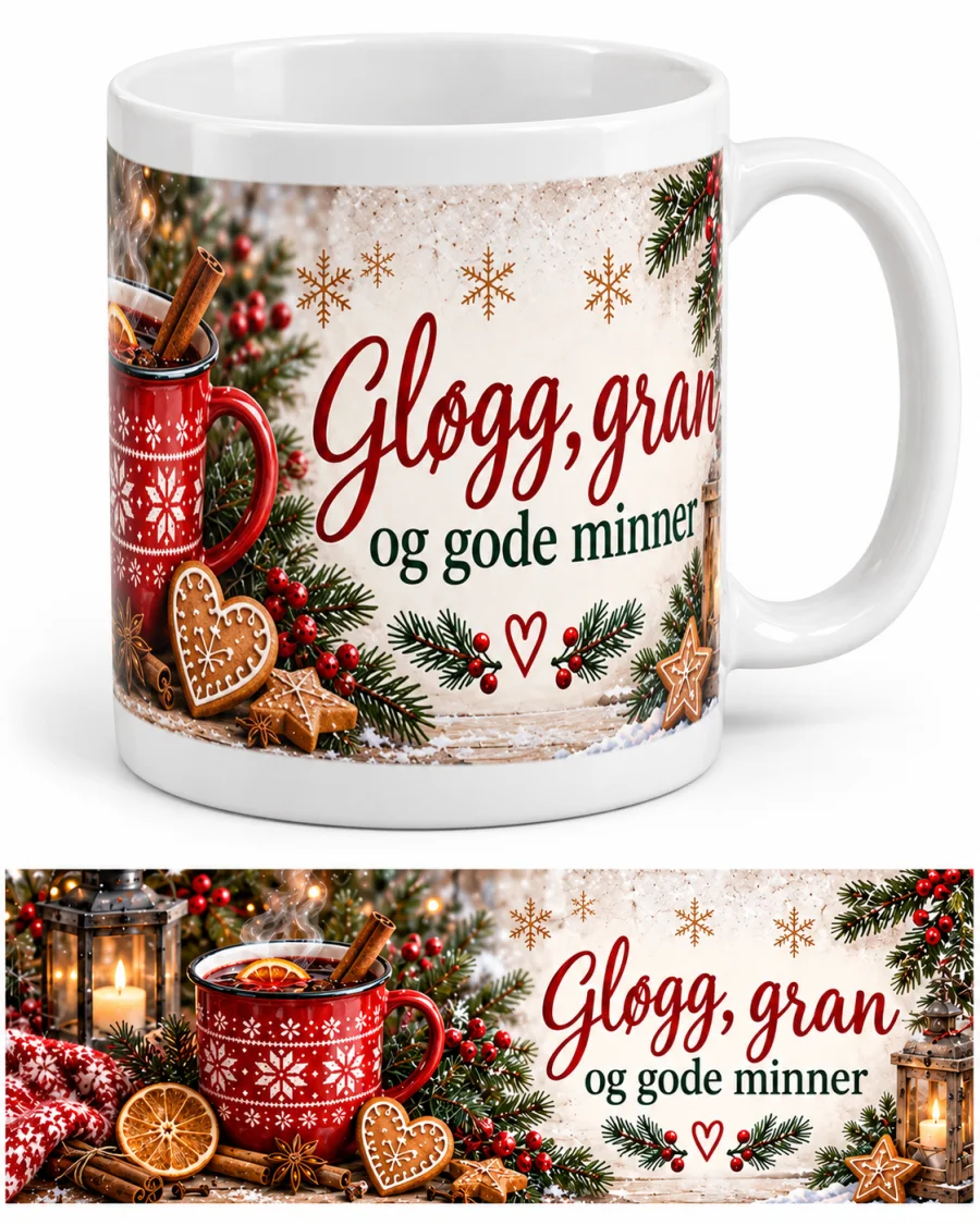 Sammensatt bilde av et hvitt krus med julemotiv og teksten «Gløgg, gran og gode minner», samt en flat motivreferanse med granbar, røde bær, pepperkaker, lykter og en rød kopp.