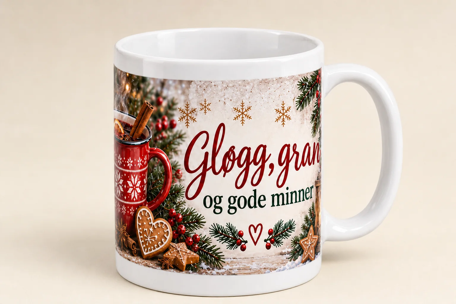 Sammensatt bilde av et hvitt krus med julemotiv og teksten «Gløgg, gran og gode minner», samt en flat motivreferanse med granbar, røde bær, pepperkaker, lykter og en rød kopp.