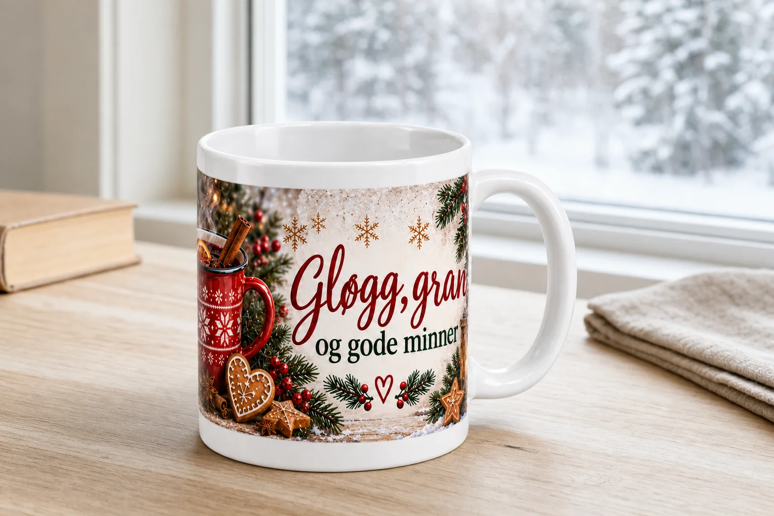 Sammensatt bilde av et hvitt krus med julemotiv og teksten «Gløgg, gran og gode minner», samt en flat motivreferanse med granbar, røde bær, pepperkaker, lykter og en rød kopp.