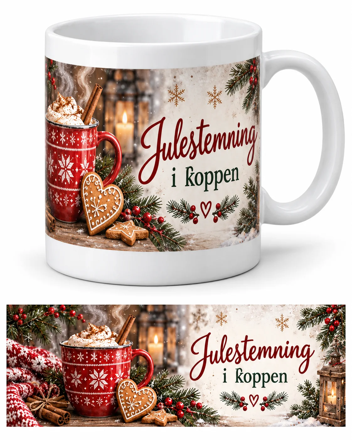 Sammensatt produktbilde av en hvit kopp med julemotiv og teksten «Julestemning i koppen», samt en flat visning av motivet med rød kopp, pepperkaker, granbar, bær og lykter.