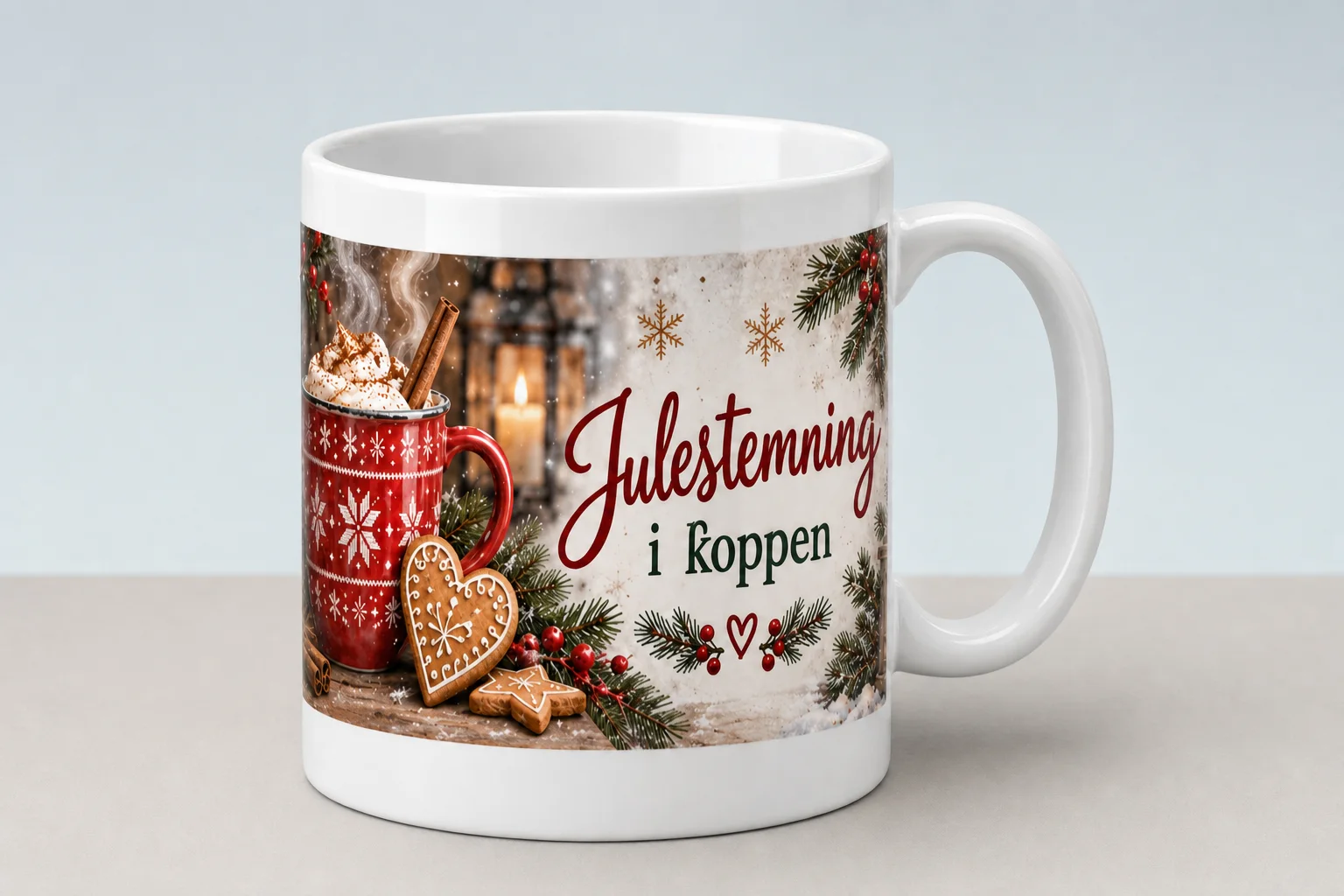 Sammensatt produktbilde av en hvit kopp med julemotiv og teksten «Julestemning i koppen», samt en flat visning av motivet med rød kopp, pepperkaker, granbar, bær og lykter.