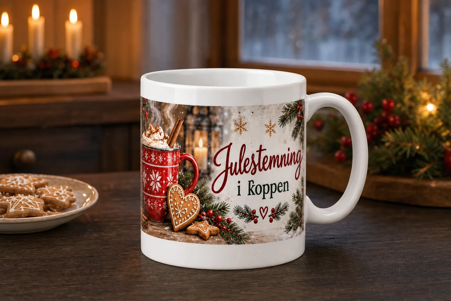 Sammensatt produktbilde av en hvit kopp med julemotiv og teksten «Julestemning i koppen», samt en flat visning av motivet med rød kopp, pepperkaker, granbar, bær og lykter.